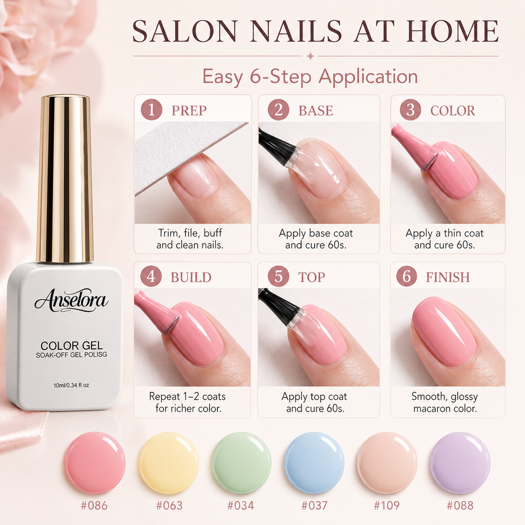 《Set 17》Anselora 6 Colors Macaron Gel Nail Polish Set, Pastel Candy Color Soak Off UV LED Gel Polish, Spring Summer Macaron Nail Gel for DIY Manicure & Nail Salon