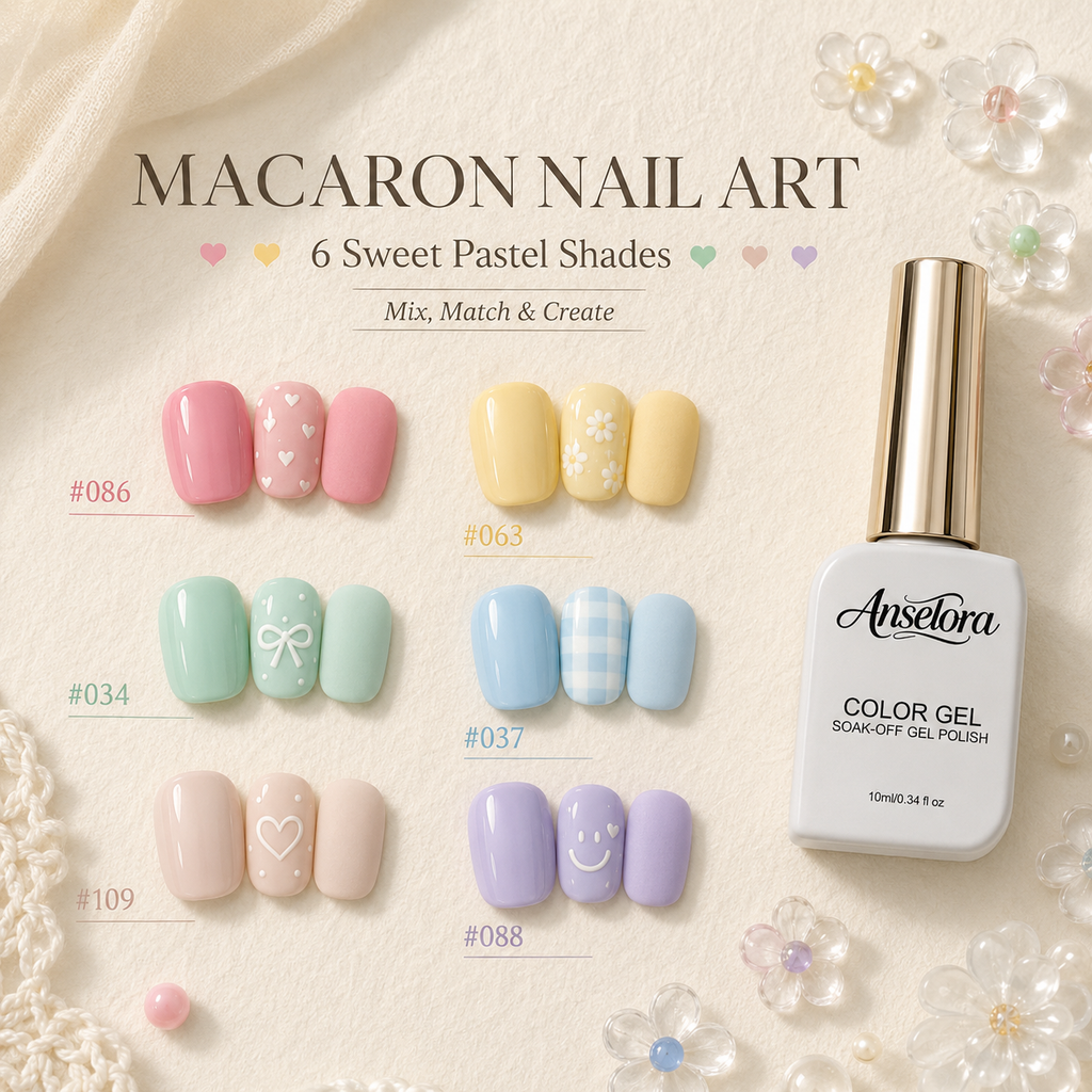 《Set 17》Anselora 6 Colors Macaron Gel Nail Polish Set, Pastel Candy Color Soak Off UV LED Gel Polish, Spring Summer Macaron Nail Gel for DIY Manicure & Nail Salon