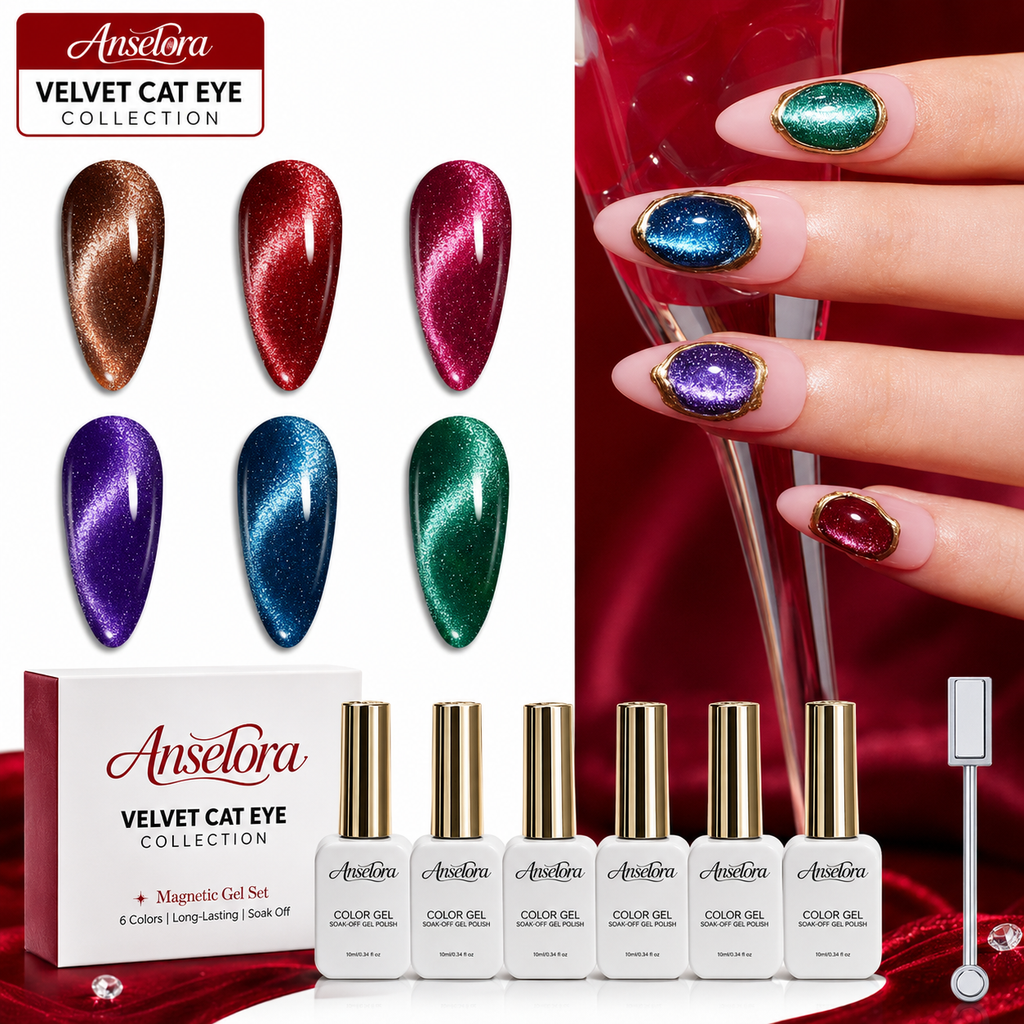 《Set 18》Anselora 6 Colors Magnetic Cat Eye Gel Polish Kit, Chameleon Shimmer Cat Eye Nail Gel with Multi Magnet Tools & Portable Handheld Nail Lamp, Soak Off UV LED Nail Art Set