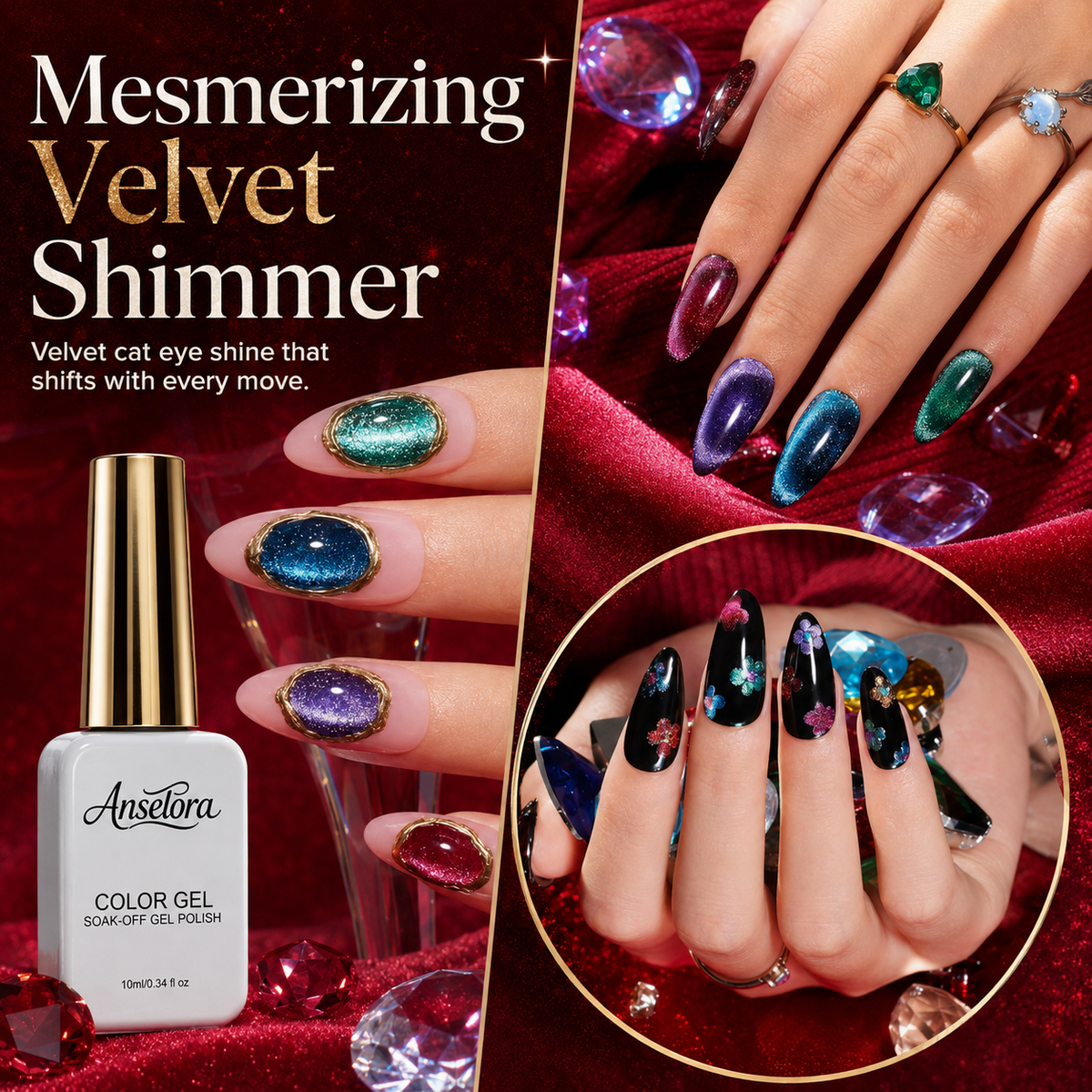 《Set 18》Anselora 6 Colors Magnetic Cat Eye Gel Polish Kit, Chameleon Shimmer Cat Eye Nail Gel with Multi Magnet Tools & Portable Handheld Nail Lamp, Soak Off UV LED Nail Art Set