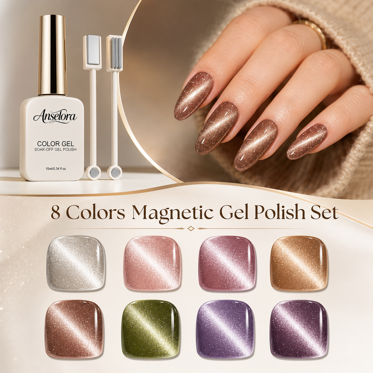 《Set 8》Anselora 8 Colors Coffee Glow Magnetic Cat Eye Gel Polish Set, Soak Off UV LED Aurora Magnet Gel with Complete Magnetic Nail Tools & Handheld Nail Lamp, DIY Home Salon Manicure Kit