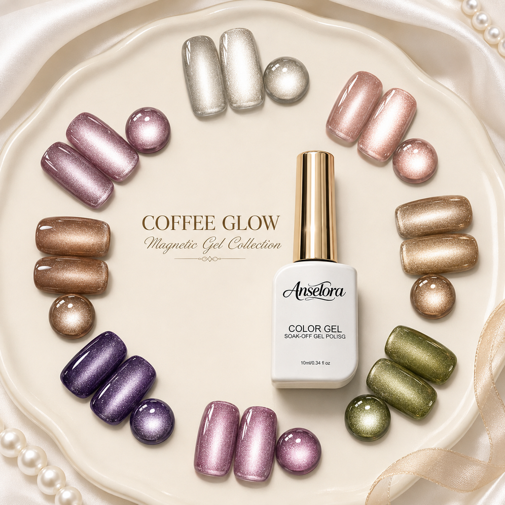 《Set 8》Anselora 8 Colors Coffee Glow Magnetic Cat Eye Gel Polish Set, Soak Off UV LED Aurora Magnet Gel with Complete Magnetic Nail Tools & Handheld Nail Lamp, DIY Home Salon Manicure Kit