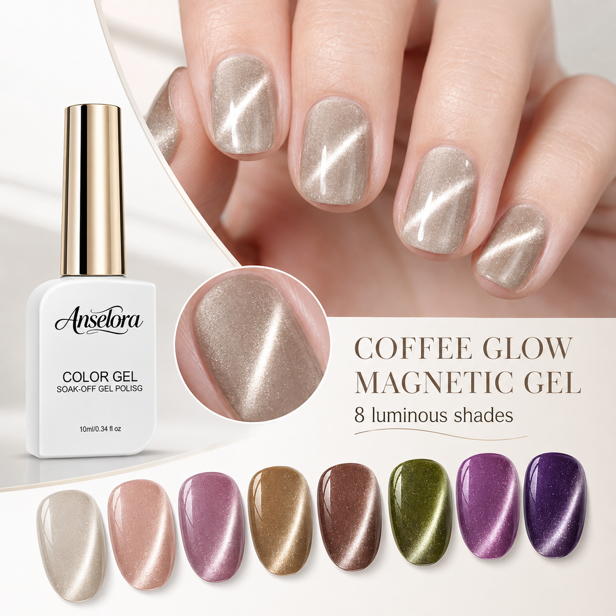 《Set 8》Anselora 8 Colors Coffee Glow Magnetic Cat Eye Gel Polish Set, Soak Off UV LED Aurora Magnet Gel with Complete Magnetic Nail Tools & Handheld Nail Lamp, DIY Home Salon Manicure Kit