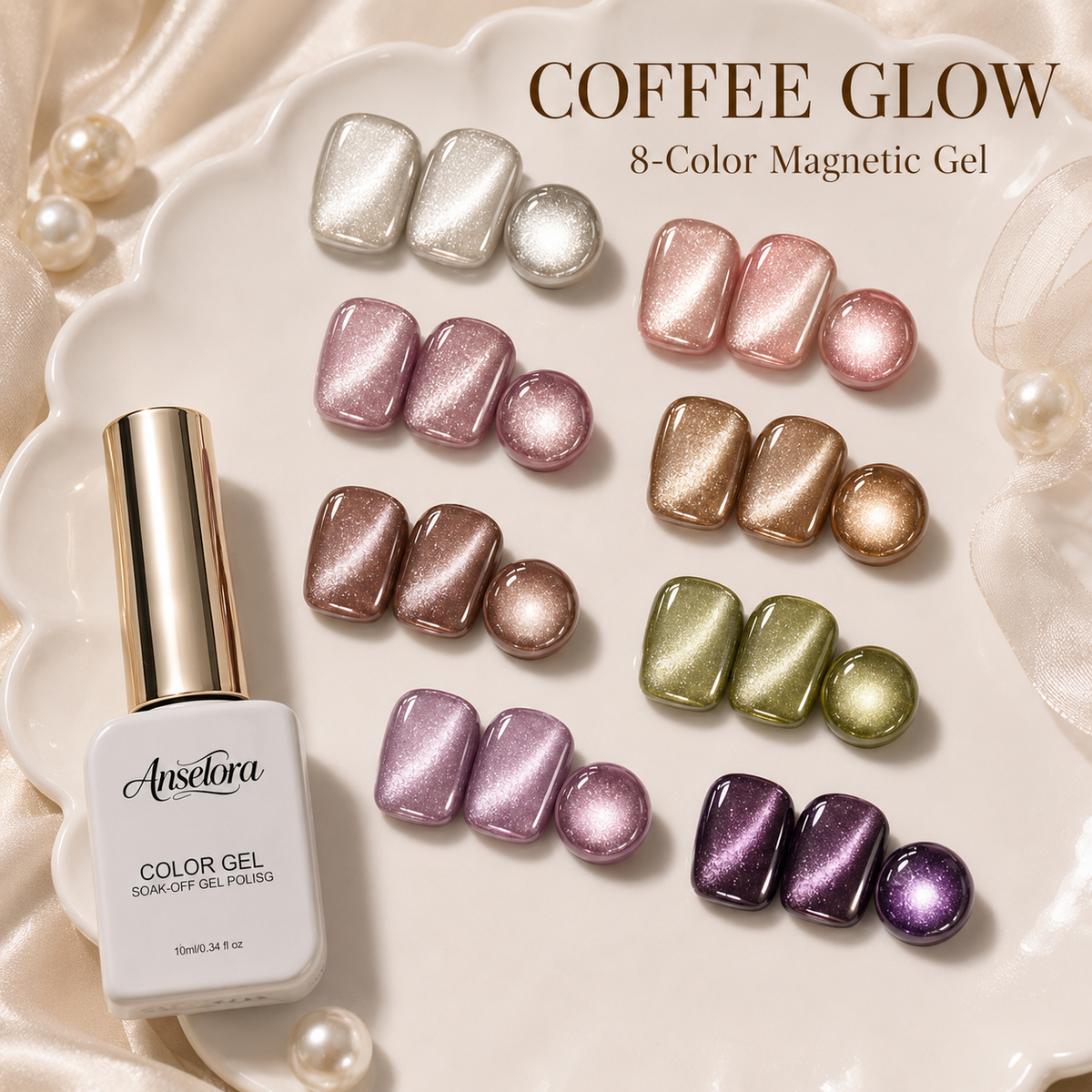《Set 8》Anselora 8 Colors Coffee Glow Magnetic Cat Eye Gel Polish Set, Soak Off UV LED Aurora Magnet Gel with Complete Magnetic Nail Tools & Handheld Nail Lamp, DIY Home Salon Manicure Kit