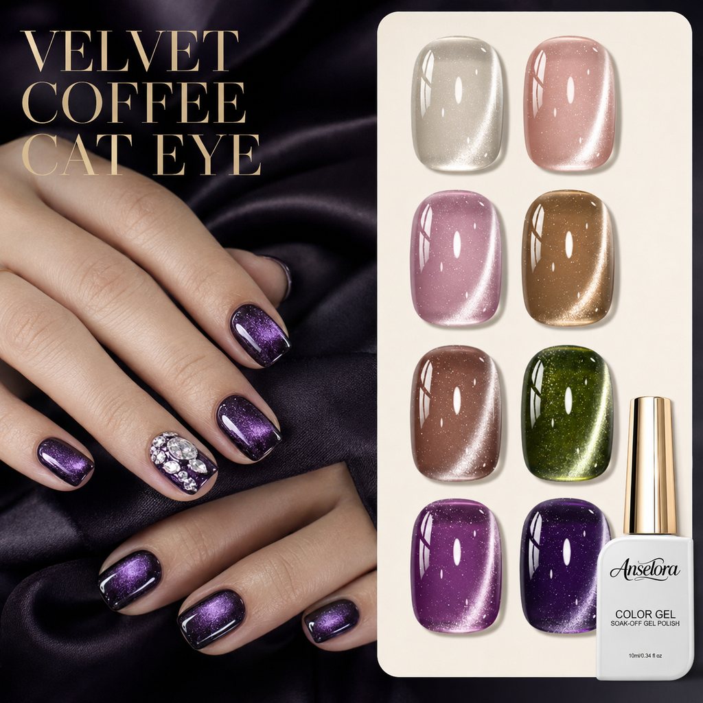 《Set 8》Anselora 8 Colors Coffee Glow Magnetic Cat Eye Gel Polish Set, Soak Off UV LED Aurora Magnet Gel with Complete Magnetic Nail Tools & Handheld Nail Lamp, DIY Home Salon Manicure Kit