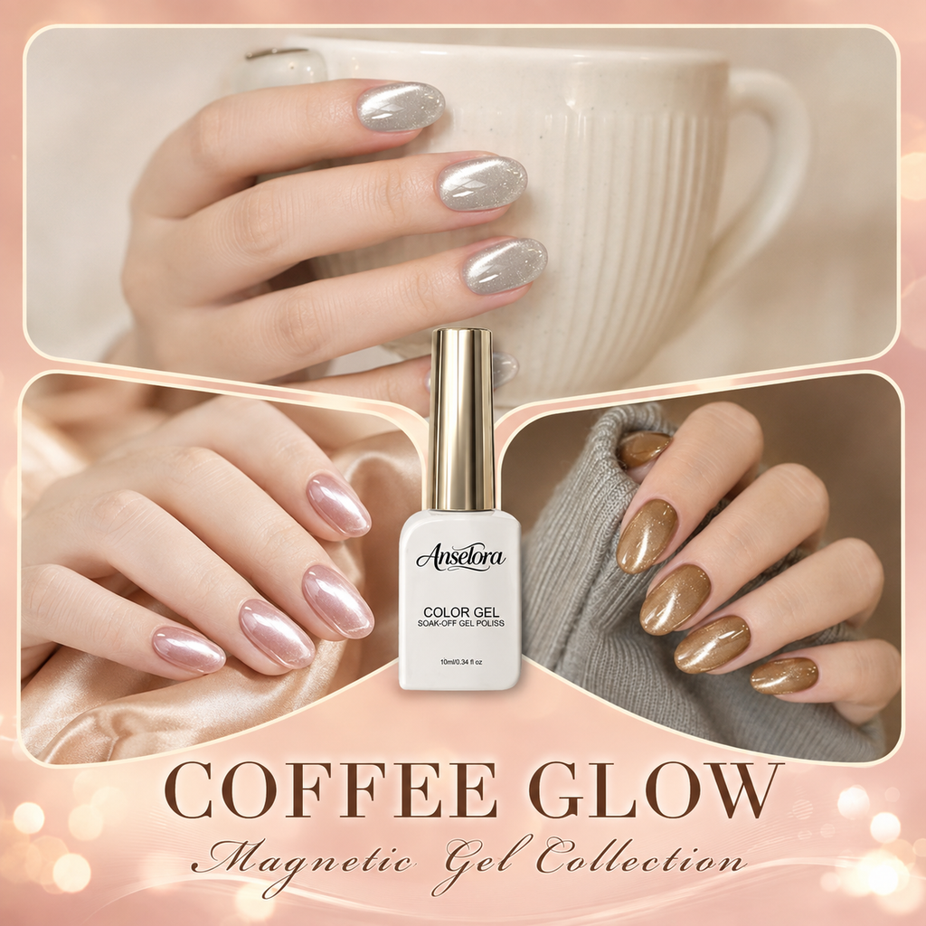 《Set 8》Anselora 8 Colors Coffee Glow Magnetic Cat Eye Gel Polish Set, Soak Off UV LED Aurora Magnet Gel with Complete Magnetic Nail Tools & Handheld Nail Lamp, DIY Home Salon Manicure Kit