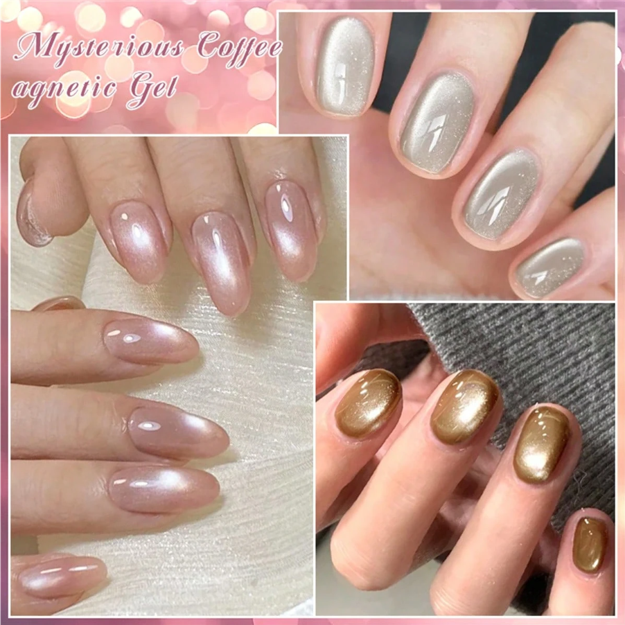 《Set 8》Anselora 8 Colors Coffee Glow Magnetic Cat Eye Gel Polish Set, Soak Off UV LED Aurora Magnet Gel with Complete Magnetic Nail Tools & Handheld Nail Lamp, DIY Home Salon Manicure Kit