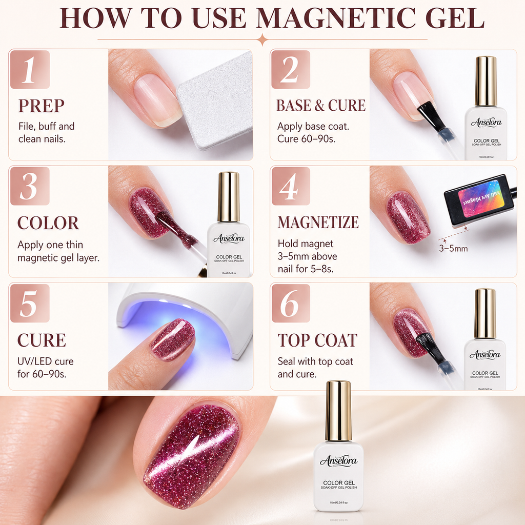 《Set 8》Anselora 8 Colors Coffee Glow Magnetic Cat Eye Gel Polish Set, Soak Off UV LED Aurora Magnet Gel with Complete Magnetic Nail Tools & Handheld Nail Lamp, DIY Home Salon Manicure Kit