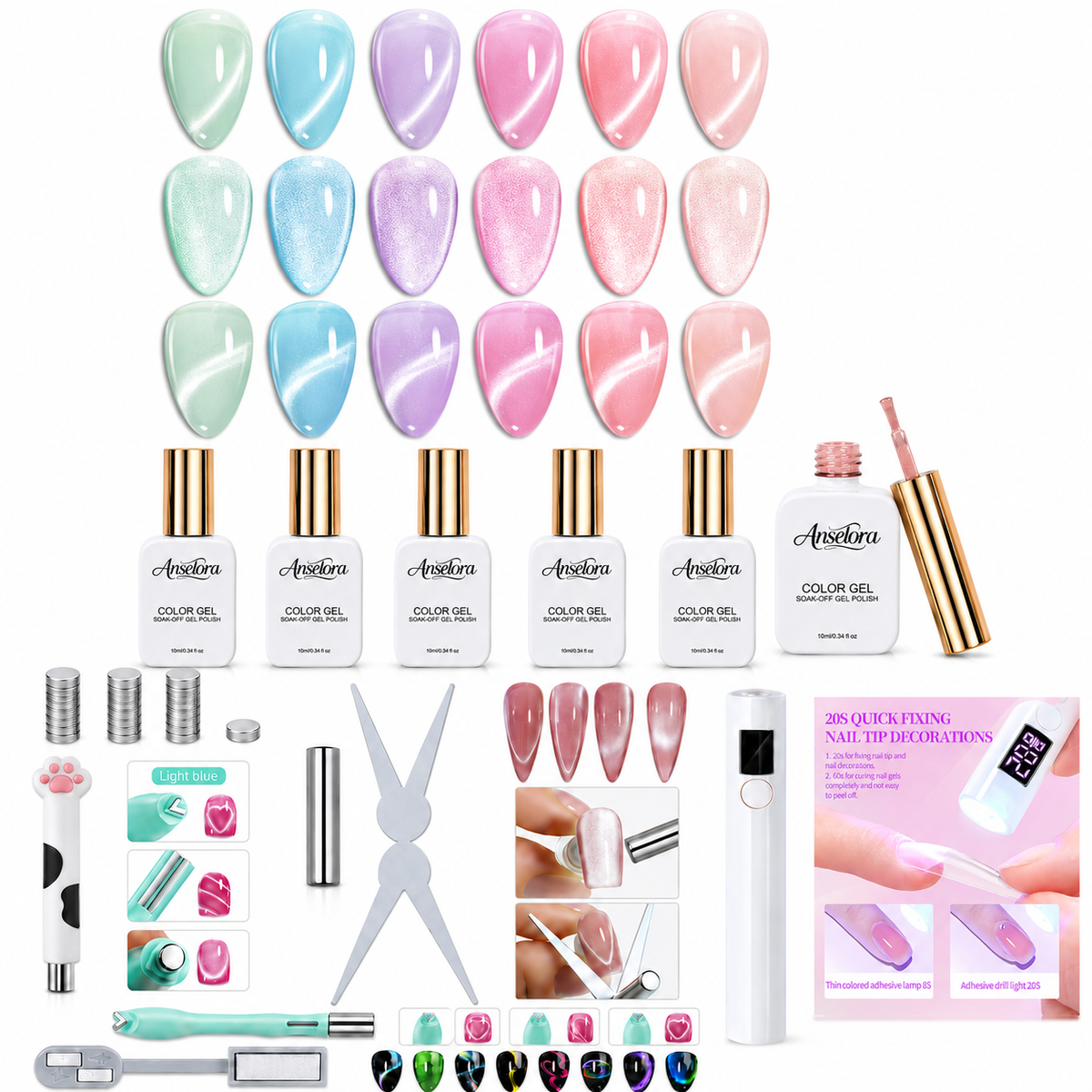 《Set 19》Anselora 6 Colors Milky Aurora Magnetic Cat Eye Gel Polish Kit, Transparent Shimmer Magnetic Nail Gel with Multiple Magnet Tools & Portable Handheld Nail Lamp, Soak Off UV LED Nail Art Manicure Set