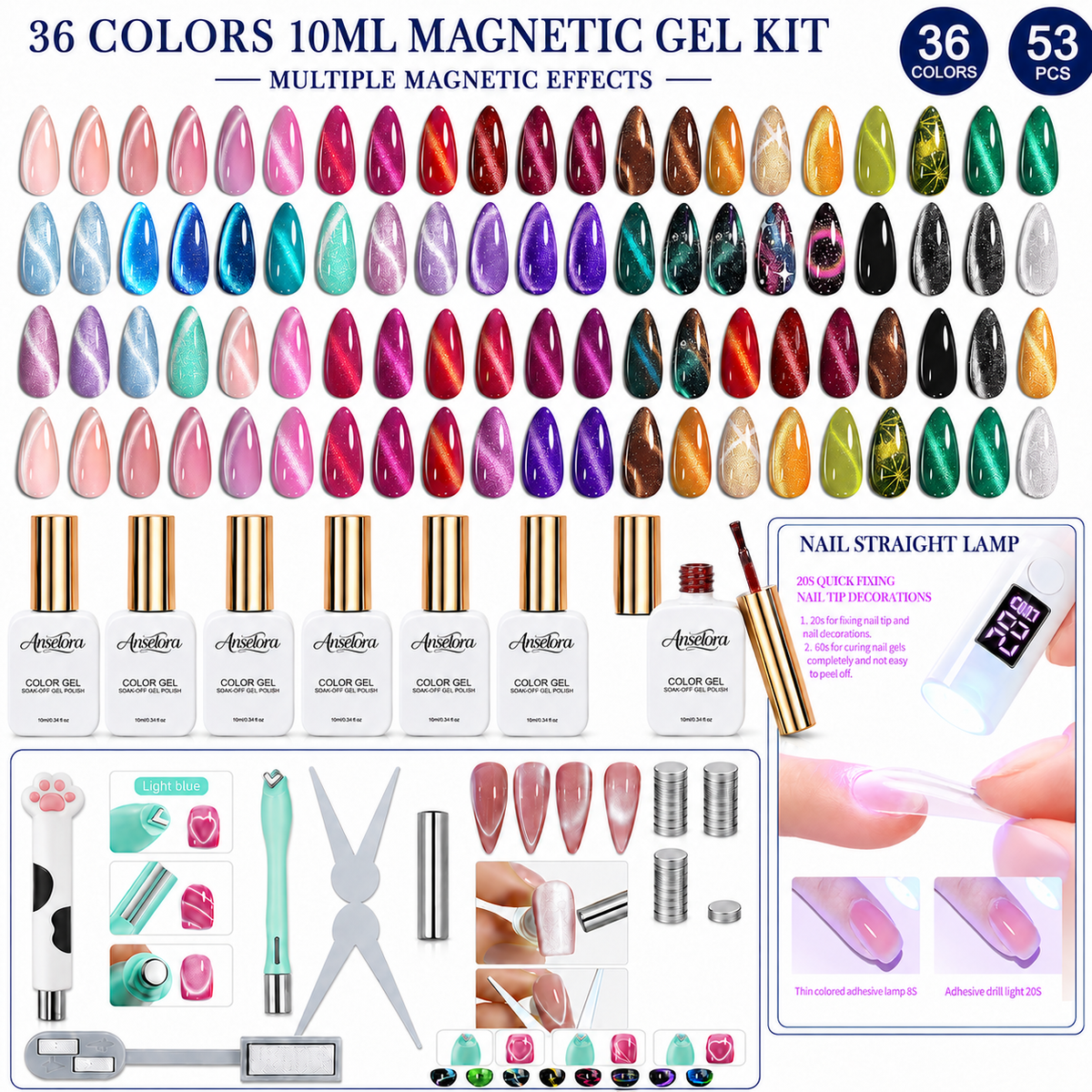 《Set 20》Anselora 36 Colors Magnetic Cat Eye Gel Polish Kit, Multi-effect Shimmer Magnetic Nail Gel with Multiple Magnet Tools & Portable Handheld Nail Lamp, Soak Off UV LED Complete Nail Art Manicure Set