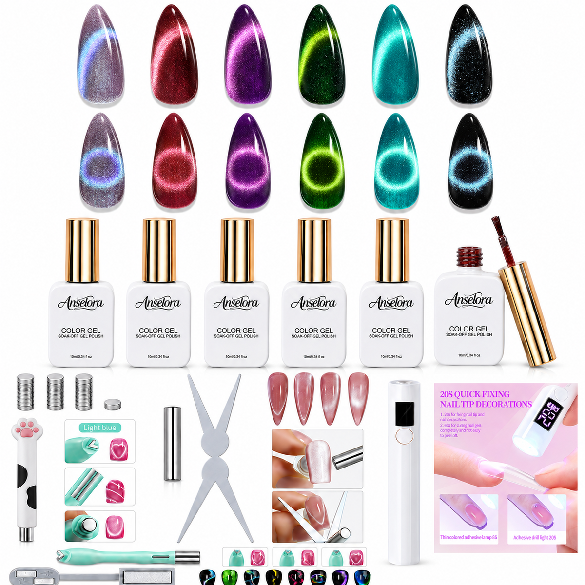 《Set 21》Anselora 6 Colors Ring Cat Eye Magnetic Gel Polish Kit, Chameleon Halo Cat Eye Nail Gel with Multiple Magnet Tools & Portable Handheld Nail Lamp, Soak Off UV LED Complete Nail Art Manicure Set