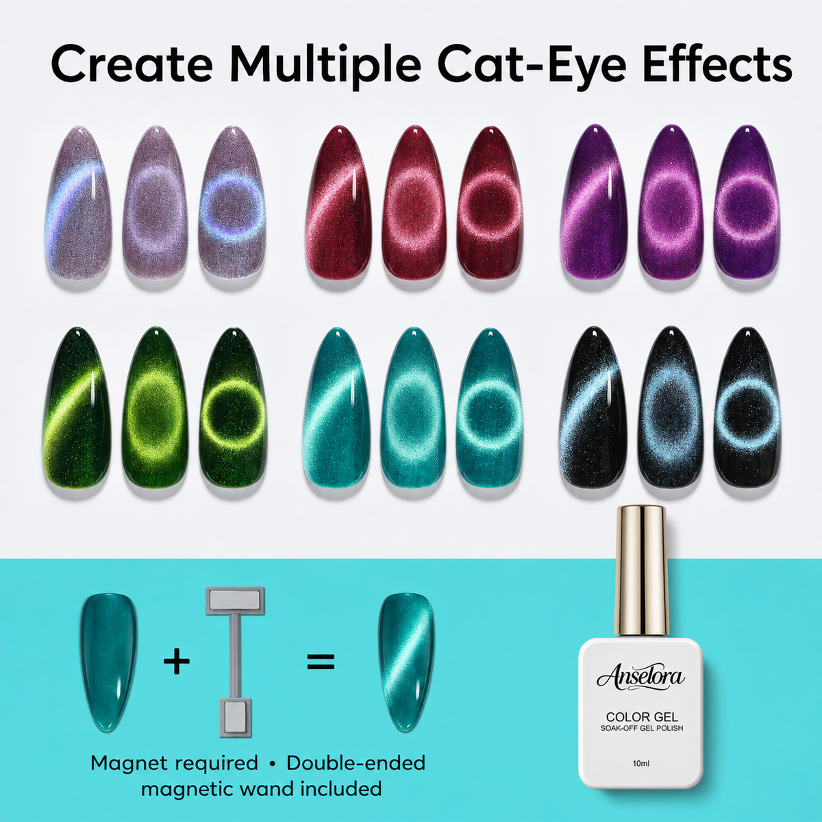 《Set 21》Anselora 6 Colors Ring Cat Eye Magnetic Gel Polish Kit, Chameleon Halo Cat Eye Nail Gel with Multiple Magnet Tools & Portable Handheld Nail Lamp, Soak Off UV LED Complete Nail Art Manicure Set