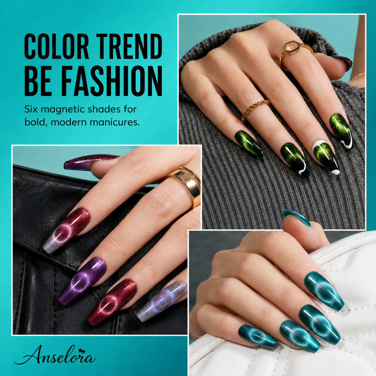 《Set 21》Anselora 6 Colors Ring Cat Eye Magnetic Gel Polish Kit, Chameleon Halo Cat Eye Nail Gel with Multiple Magnet Tools & Portable Handheld Nail Lamp, Soak Off UV LED Complete Nail Art Manicure Set