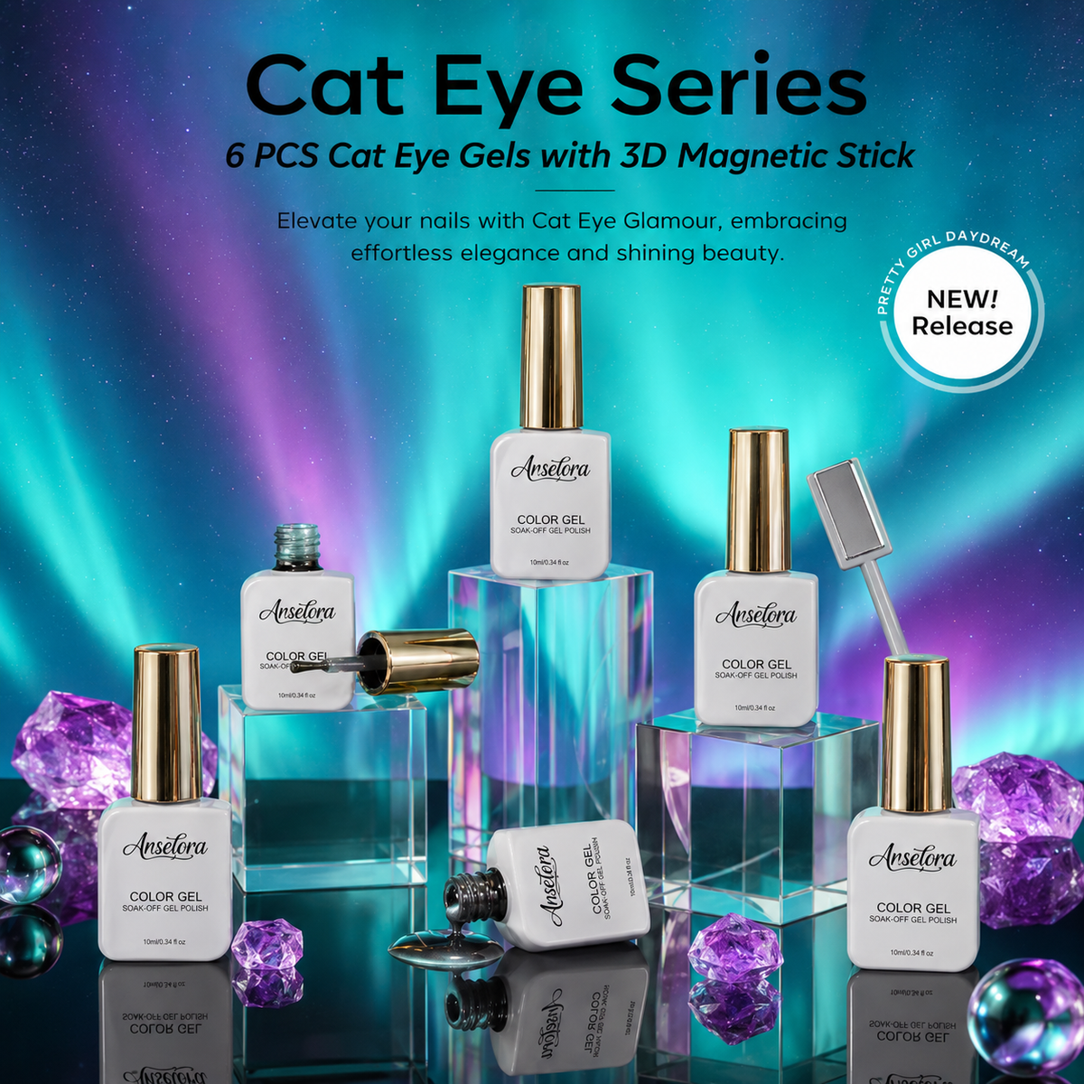 《Set 21》Anselora 6 Colors Ring Cat Eye Magnetic Gel Polish Kit, Chameleon Halo Cat Eye Nail Gel with Multiple Magnet Tools & Portable Handheld Nail Lamp, Soak Off UV LED Complete Nail Art Manicure Set