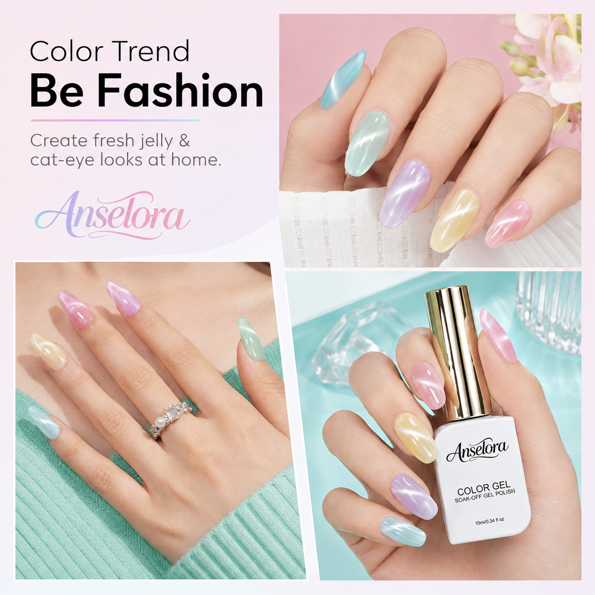 《Set 23》Anselora 6 Colors 10ml Jelly Cat Eye Gel Polish Set, Transparent Crystal Magnetic Cat Eye Nail Gel with Multi Magnet Tools & Portable Handheld Nail Lamp, Soak Off UV LED Nail Art DIY Manicure Kit