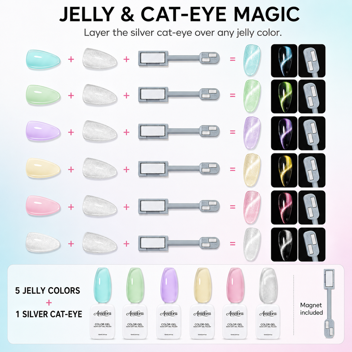 《Set 23》Anselora 6 Colors 10ml Jelly Cat Eye Gel Polish Set, Transparent Crystal Magnetic Cat Eye Nail Gel with Multi Magnet Tools & Portable Handheld Nail Lamp, Soak Off UV LED Nail Art DIY Manicure Kit