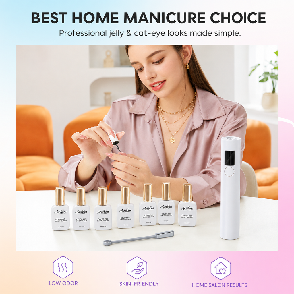 《Set 23》Anselora 6 Colors 10ml Jelly Cat Eye Gel Polish Set, Transparent Crystal Magnetic Cat Eye Nail Gel with Multi Magnet Tools & Portable Handheld Nail Lamp, Soak Off UV LED Nail Art DIY Manicure Kit