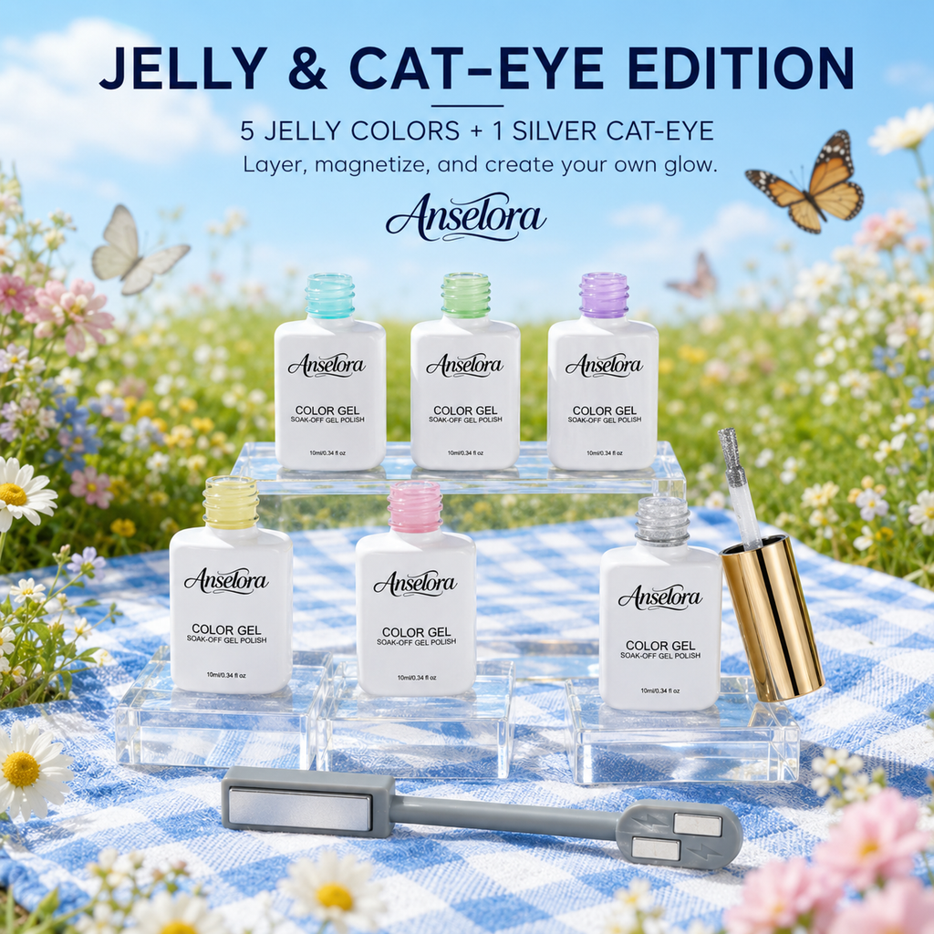 《Set 23》Anselora 6 Colors 10ml Jelly Cat Eye Gel Polish Set, Transparent Crystal Magnetic Cat Eye Nail Gel with Multi Magnet Tools & Portable Handheld Nail Lamp, Soak Off UV LED Nail Art DIY Manicure Kit