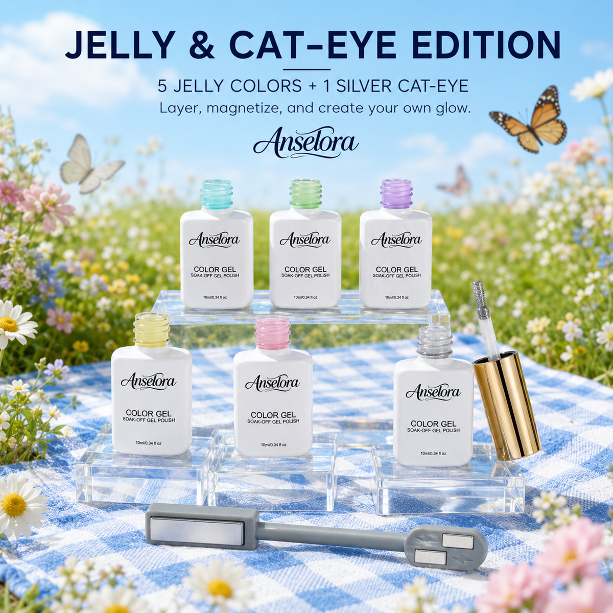 《Set 23》Anselora 6 Colors 10ml Jelly Cat Eye Gel Polish Set, Transparent Crystal Magnetic Cat Eye Nail Gel with Multi Magnet Tools & Portable Handheld Nail Lamp, Soak Off UV LED Nail Art DIY Manicure Kit