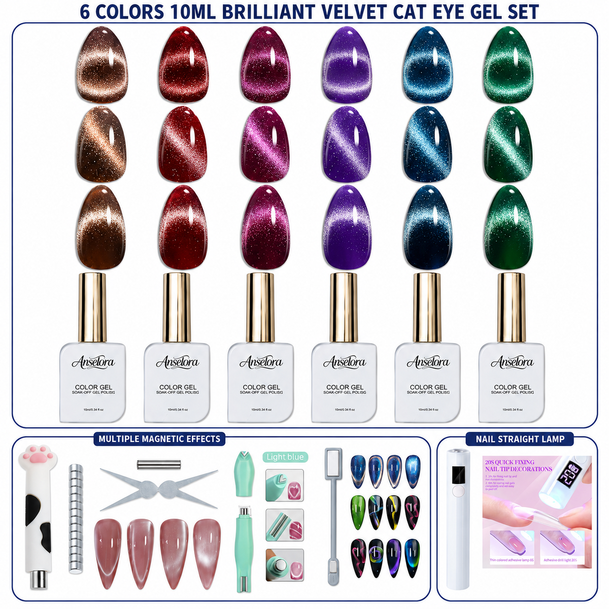 《Set 25》Anselora 6 Colors 10ml Brilliant Velvet Cat Eye Gel Polish Set, Shimmer Magnetic Velvet Cat Eye Nail Gel with Multi Magnet Tools & Portable Handheld Nail Lamp, Soak Off UV LED Nail Art DIY Manicure Kit