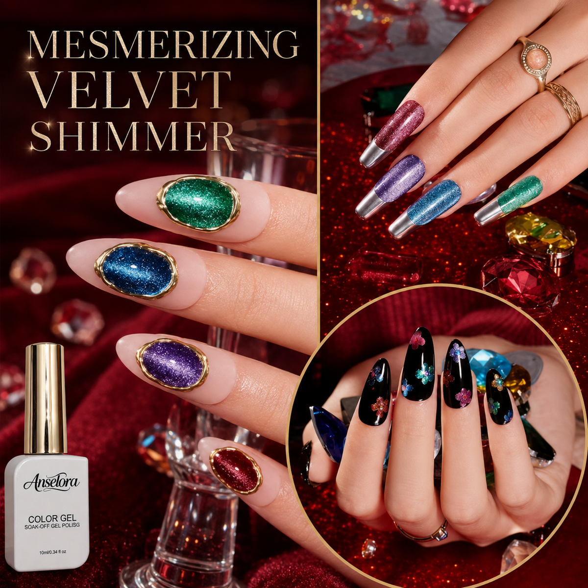 《Set 25》Anselora 6 Colors 10ml Brilliant Velvet Cat Eye Gel Polish Set, Shimmer Magnetic Velvet Cat Eye Nail Gel with Multi Magnet Tools & Portable Handheld Nail Lamp, Soak Off UV LED Nail Art DIY Manicure Kit