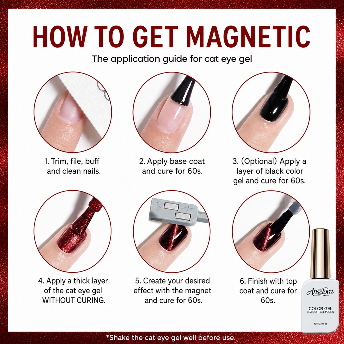 《Set 25》Anselora 6 Colors 10ml Brilliant Velvet Cat Eye Gel Polish Set, Shimmer Magnetic Velvet Cat Eye Nail Gel with Multi Magnet Tools & Portable Handheld Nail Lamp, Soak Off UV LED Nail Art DIY Manicure Kit