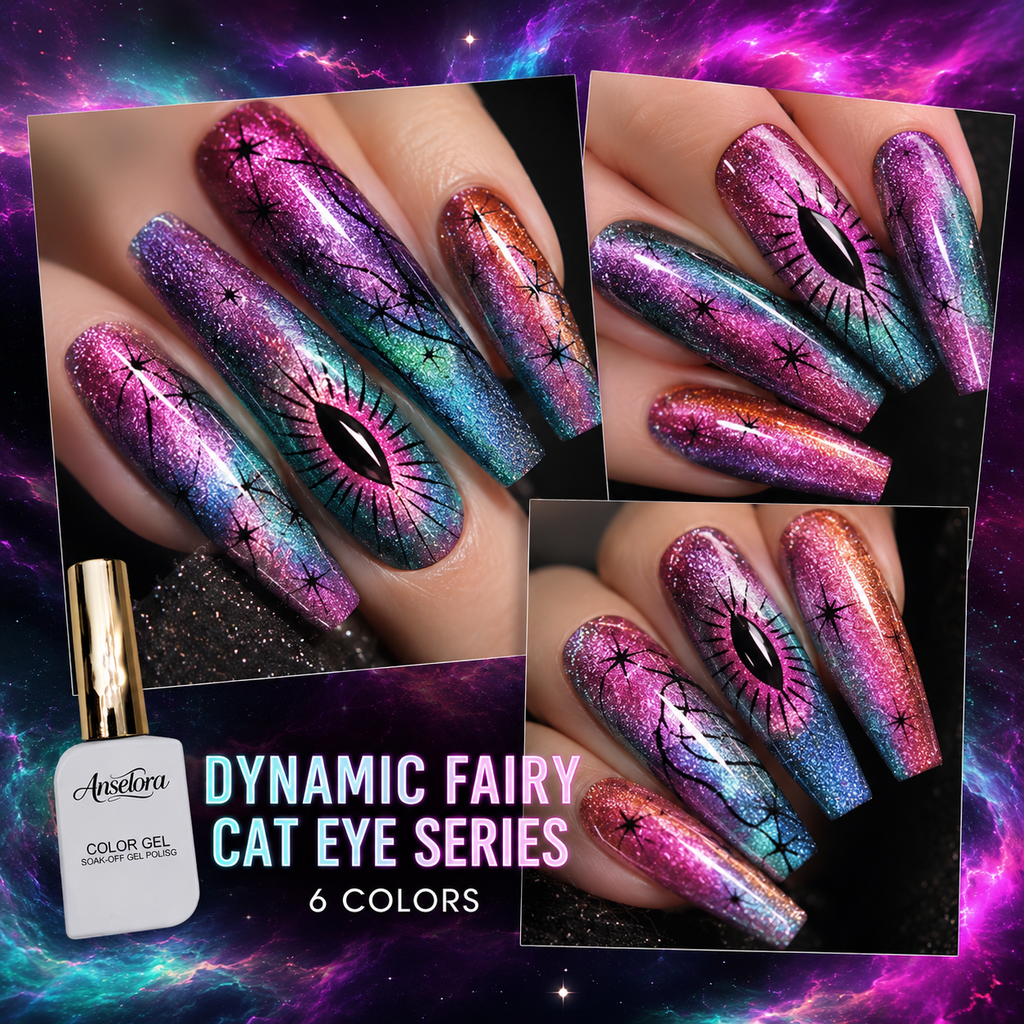 《Set 26》Anselora 6 Colors 10ml Dynamic Fairy Cat Eye Gel Polish Set, Shimmer Chameleon Magnetic Cat Eye Nail Gel with Multi Magnet Tools & Portable Handheld Nail Lamp, Soak Off UV LED Nail Art DIY Manicure Kit