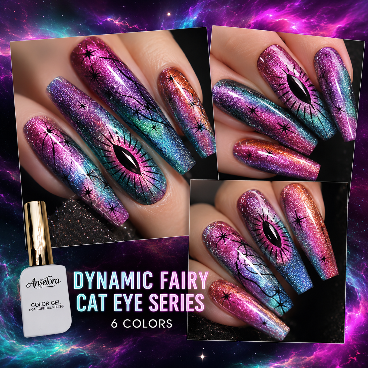 《Set 26》Anselora 6 Colors 10ml Dynamic Fairy Cat Eye Gel Polish Set, Shimmer Chameleon Magnetic Cat Eye Nail Gel with Multi Magnet Tools & Portable Handheld Nail Lamp, Soak Off UV LED Nail Art DIY Manicure Kit