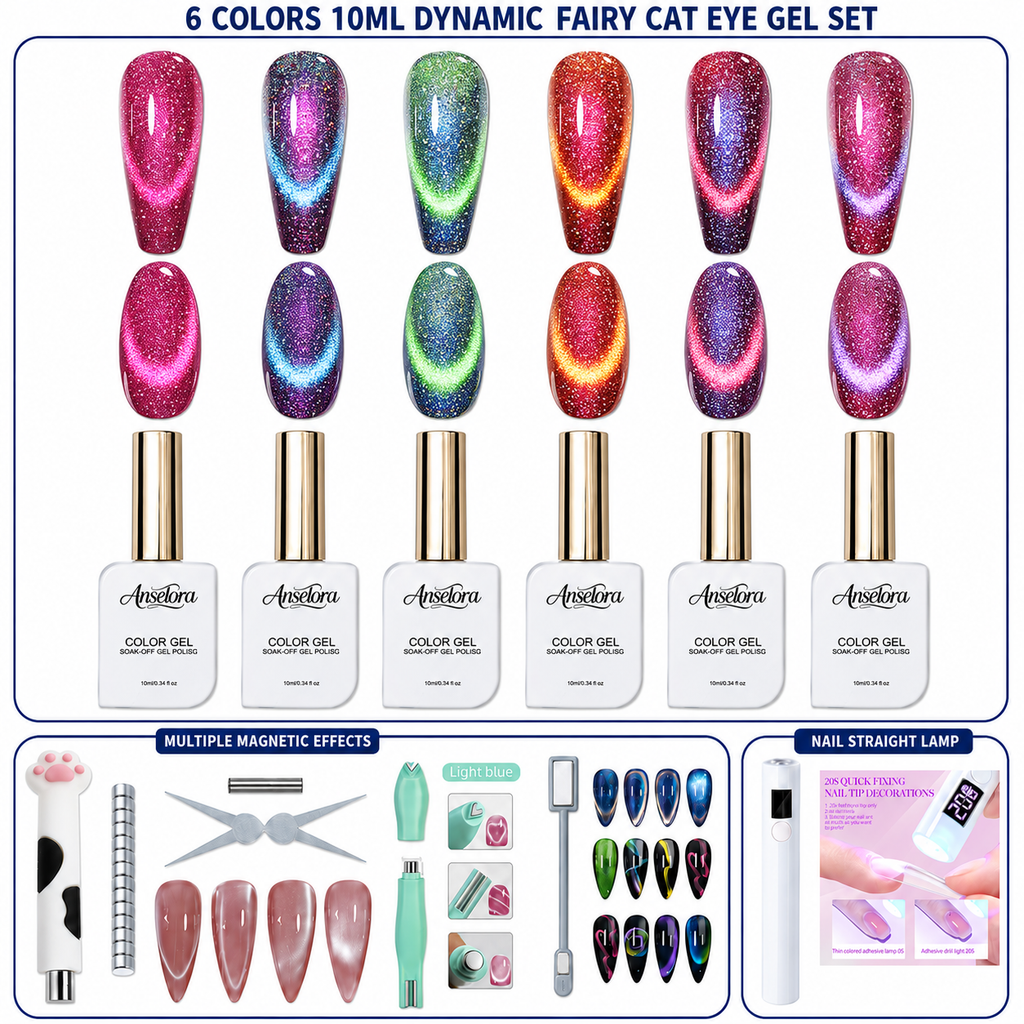 《Set 26》Anselora 6 Colors 10ml Dynamic Fairy Cat Eye Gel Polish Set, Shimmer Chameleon Magnetic Cat Eye Nail Gel with Multi Magnet Tools & Portable Handheld Nail Lamp, Soak Off UV LED Nail Art DIY Manicure Kit