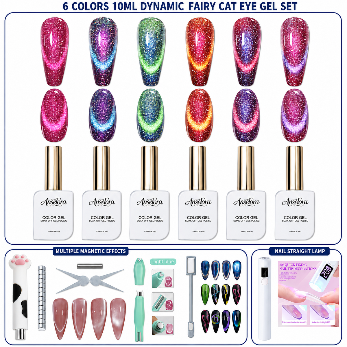 《Set 26》Anselora 6 Colors 10ml Dynamic Fairy Cat Eye Gel Polish Set, Shimmer Chameleon Magnetic Cat Eye Nail Gel with Multi Magnet Tools & Portable Handheld Nail Lamp, Soak Off UV LED Nail Art DIY Manicure Kit