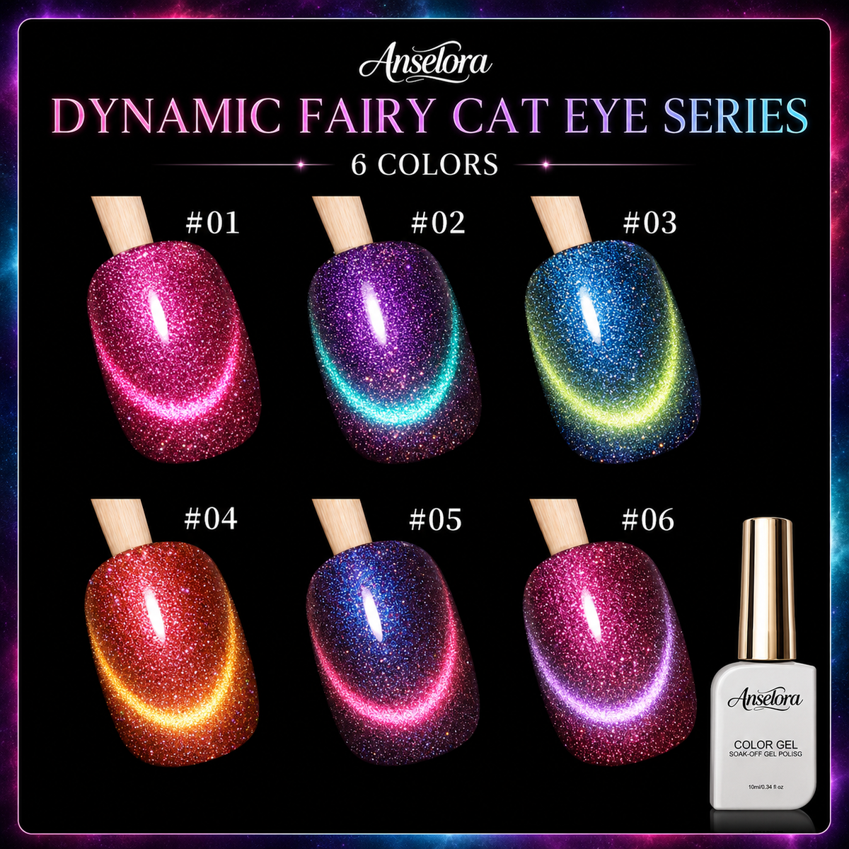 《Set 26》Anselora 6 Colors 10ml Dynamic Fairy Cat Eye Gel Polish Set, Shimmer Chameleon Magnetic Cat Eye Nail Gel with Multi Magnet Tools & Portable Handheld Nail Lamp, Soak Off UV LED Nail Art DIY Manicure Kit