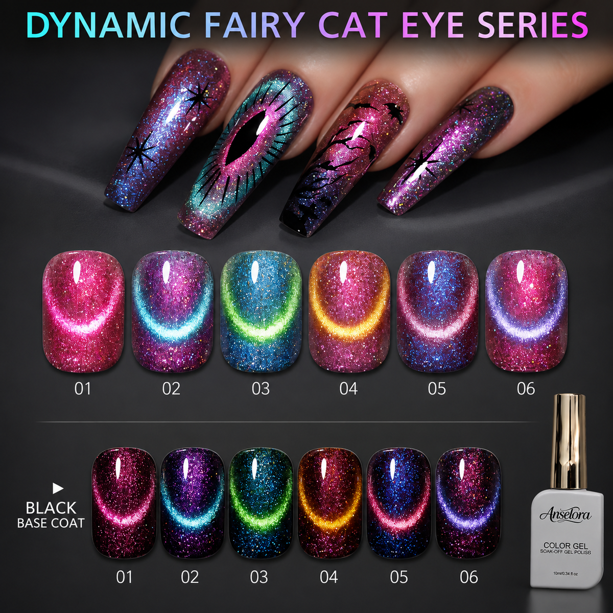 《Set 26》Anselora 6 Colors 10ml Dynamic Fairy Cat Eye Gel Polish Set, Shimmer Chameleon Magnetic Cat Eye Nail Gel with Multi Magnet Tools & Portable Handheld Nail Lamp, Soak Off UV LED Nail Art DIY Manicure Kit