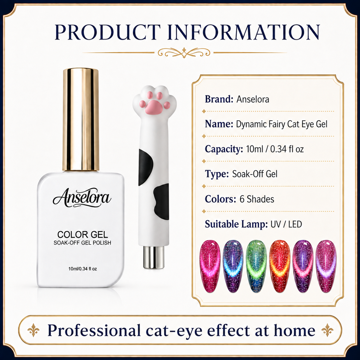 《Set 26》Anselora 6 Colors 10ml Dynamic Fairy Cat Eye Gel Polish Set, Shimmer Chameleon Magnetic Cat Eye Nail Gel with Multi Magnet Tools & Portable Handheld Nail Lamp, Soak Off UV LED Nail Art DIY Manicure Kit