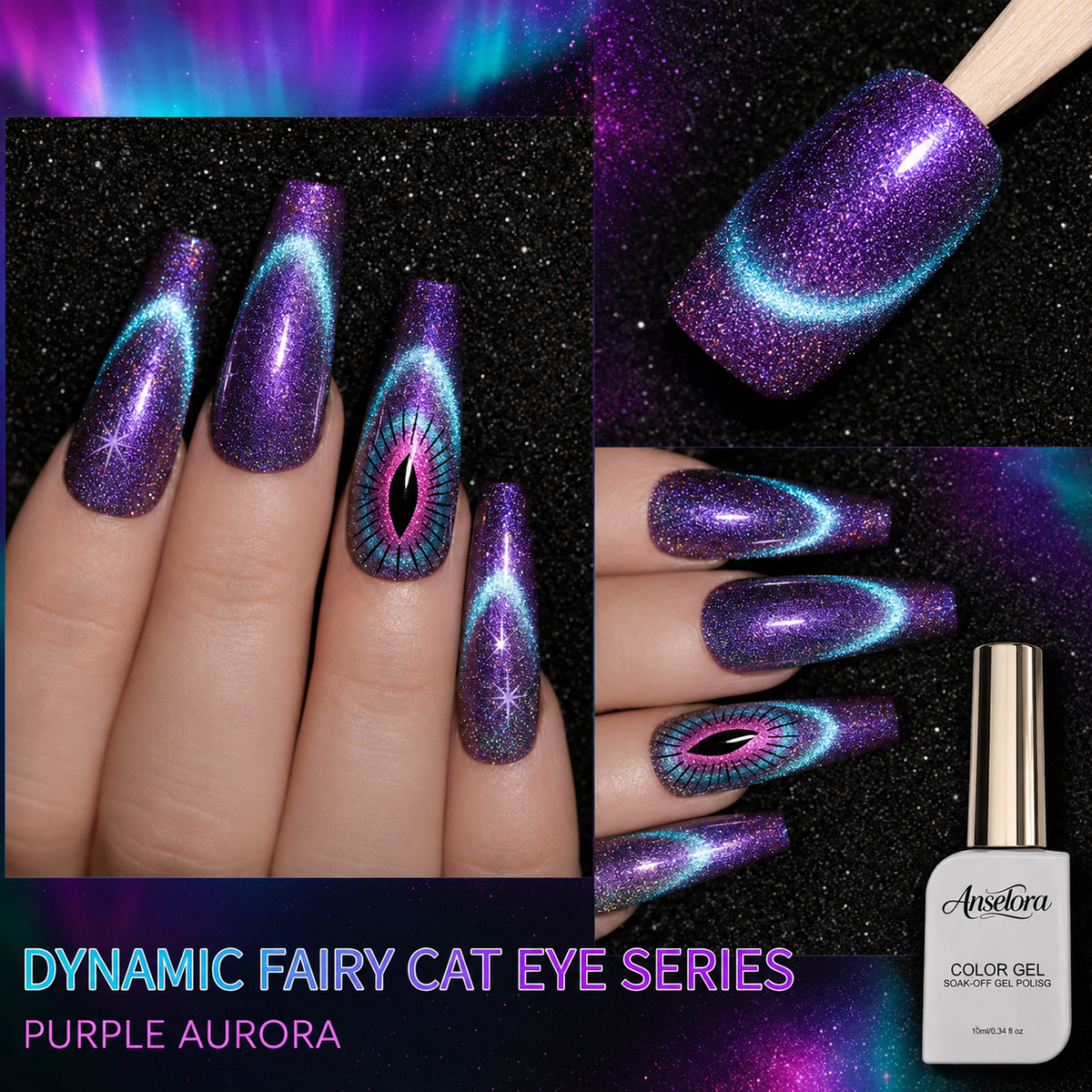 《Set 26》Anselora 6 Colors 10ml Dynamic Fairy Cat Eye Gel Polish Set, Shimmer Chameleon Magnetic Cat Eye Nail Gel with Multi Magnet Tools & Portable Handheld Nail Lamp, Soak Off UV LED Nail Art DIY Manicure Kit
