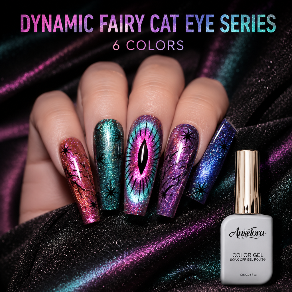《Set 26》Anselora 6 Colors 10ml Dynamic Fairy Cat Eye Gel Polish Set, Shimmer Chameleon Magnetic Cat Eye Nail Gel with Multi Magnet Tools & Portable Handheld Nail Lamp, Soak Off UV LED Nail Art DIY Manicure Kit