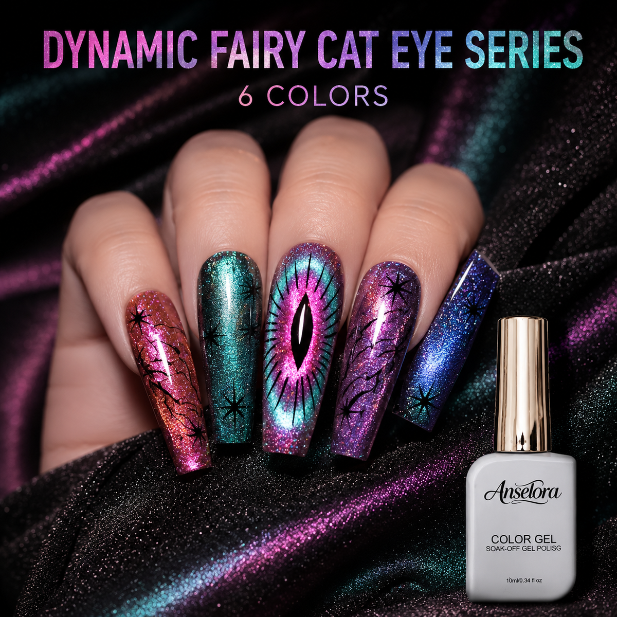 《Set 26》Anselora 6 Colors 10ml Dynamic Fairy Cat Eye Gel Polish Set, Shimmer Chameleon Magnetic Cat Eye Nail Gel with Multi Magnet Tools & Portable Handheld Nail Lamp, Soak Off UV LED Nail Art DIY Manicure Kit