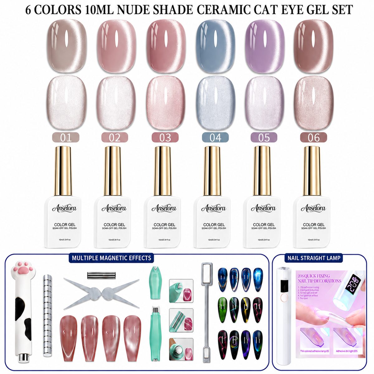 《Set 28》Anselora 6 Colors 10ml Nude Shade Ceramic Cat Eye Gel Polish Set, Neutral Nude Tone Silky Ceramic Magnetic Cat Eye Nail Gel with Multi Magnet Tools & Portable Handheld Nail Lamp, Soak Off UV LED Nail Art DIY Manicure Kit
