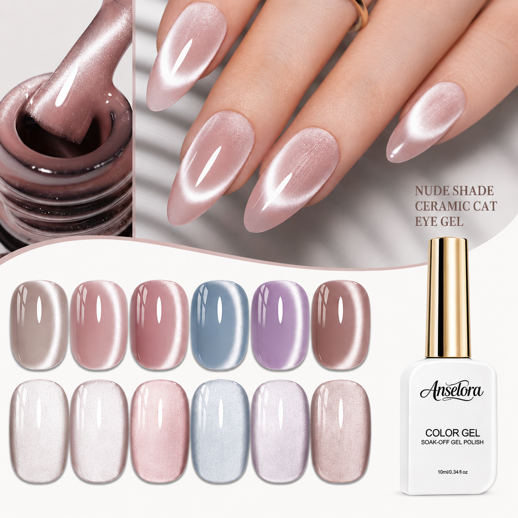 《Set 28》Anselora 6 Colors 10ml Nude Shade Ceramic Cat Eye Gel Polish Set, Neutral Nude Tone Silky Ceramic Magnetic Cat Eye Nail Gel with Multi Magnet Tools & Portable Handheld Nail Lamp, Soak Off UV LED Nail Art DIY Manicure Kit