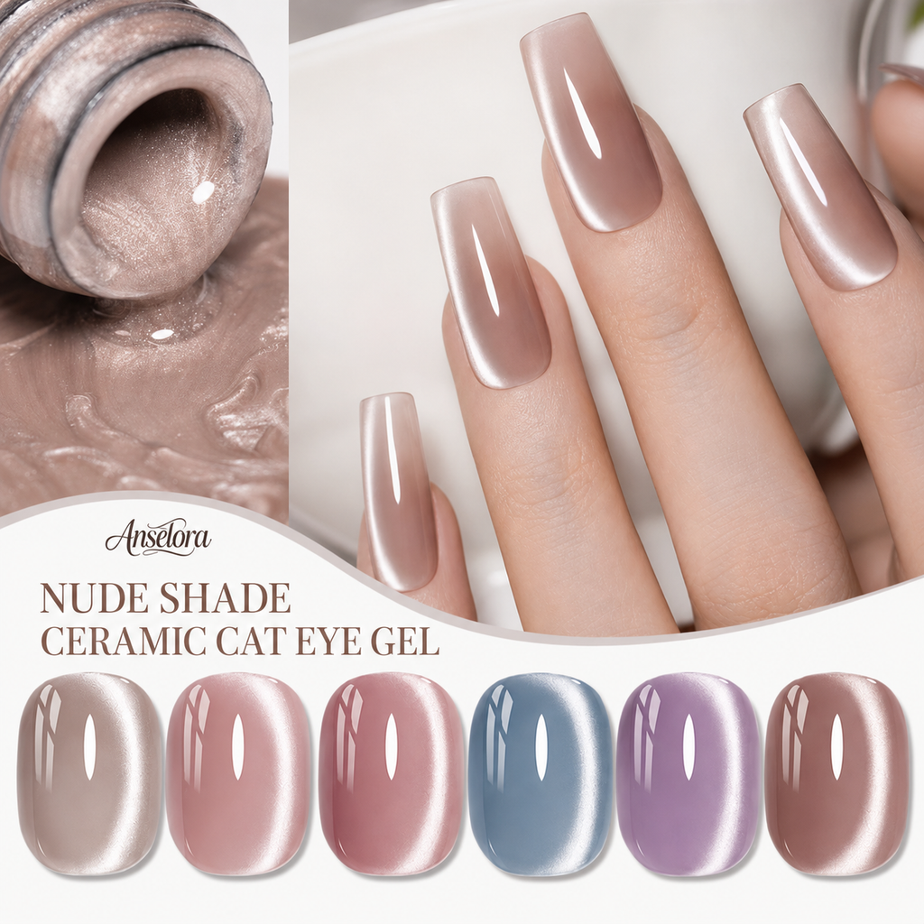 《Set 28》Anselora 6 Colors 10ml Nude Shade Ceramic Cat Eye Gel Polish Set, Neutral Nude Tone Silky Ceramic Magnetic Cat Eye Nail Gel with Multi Magnet Tools & Portable Handheld Nail Lamp, Soak Off UV LED Nail Art DIY Manicure Kit