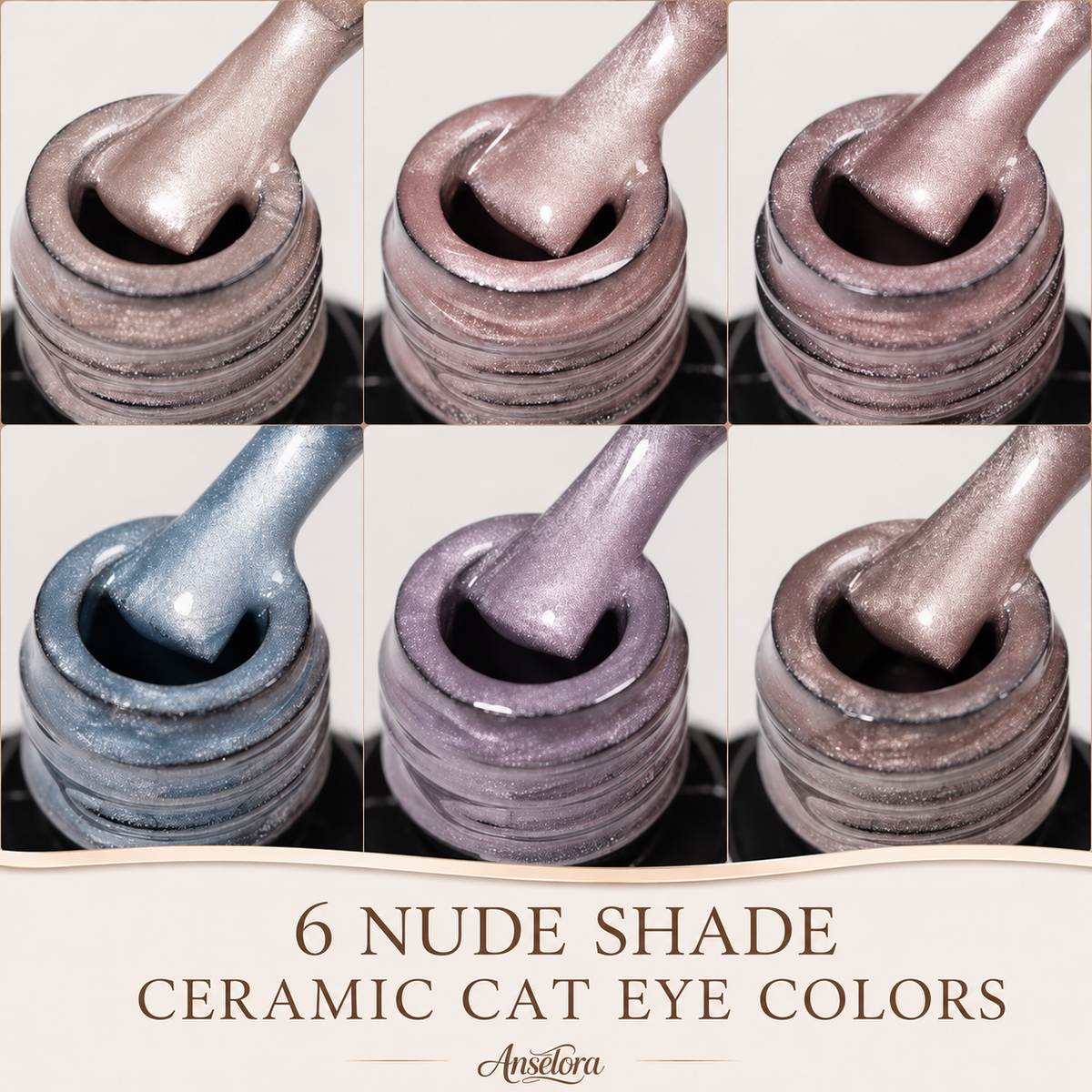 《Set 28》Anselora 6 Colors 10ml Nude Shade Ceramic Cat Eye Gel Polish Set, Neutral Nude Tone Silky Ceramic Magnetic Cat Eye Nail Gel with Multi Magnet Tools & Portable Handheld Nail Lamp, Soak Off UV LED Nail Art DIY Manicure Kit