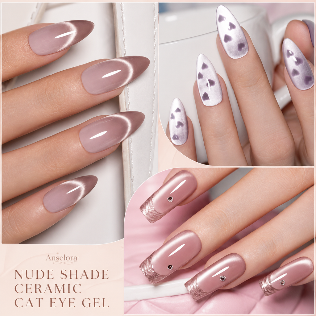 《Set 28》Anselora 6 Colors 10ml Nude Shade Ceramic Cat Eye Gel Polish Set, Neutral Nude Tone Silky Ceramic Magnetic Cat Eye Nail Gel with Multi Magnet Tools & Portable Handheld Nail Lamp, Soak Off UV LED Nail Art DIY Manicure Kit