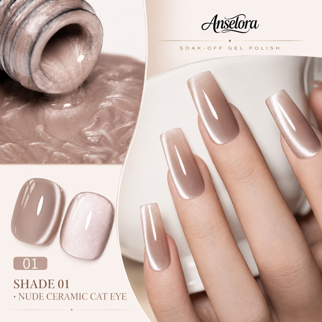 《Set 28》Anselora 6 Colors 10ml Nude Shade Ceramic Cat Eye Gel Polish Set, Neutral Nude Tone Silky Ceramic Magnetic Cat Eye Nail Gel with Multi Magnet Tools & Portable Handheld Nail Lamp, Soak Off UV LED Nail Art DIY Manicure Kit