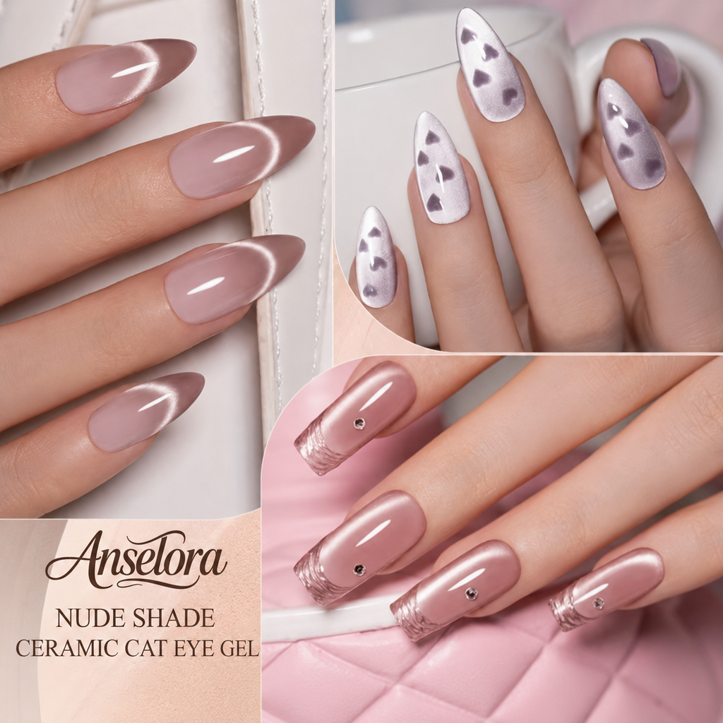 《Set 28》Anselora 6 Colors 10ml Nude Shade Ceramic Cat Eye Gel Polish Set, Neutral Nude Tone Silky Ceramic Magnetic Cat Eye Nail Gel with Multi Magnet Tools & Portable Handheld Nail Lamp, Soak Off UV LED Nail Art DIY Manicure Kit