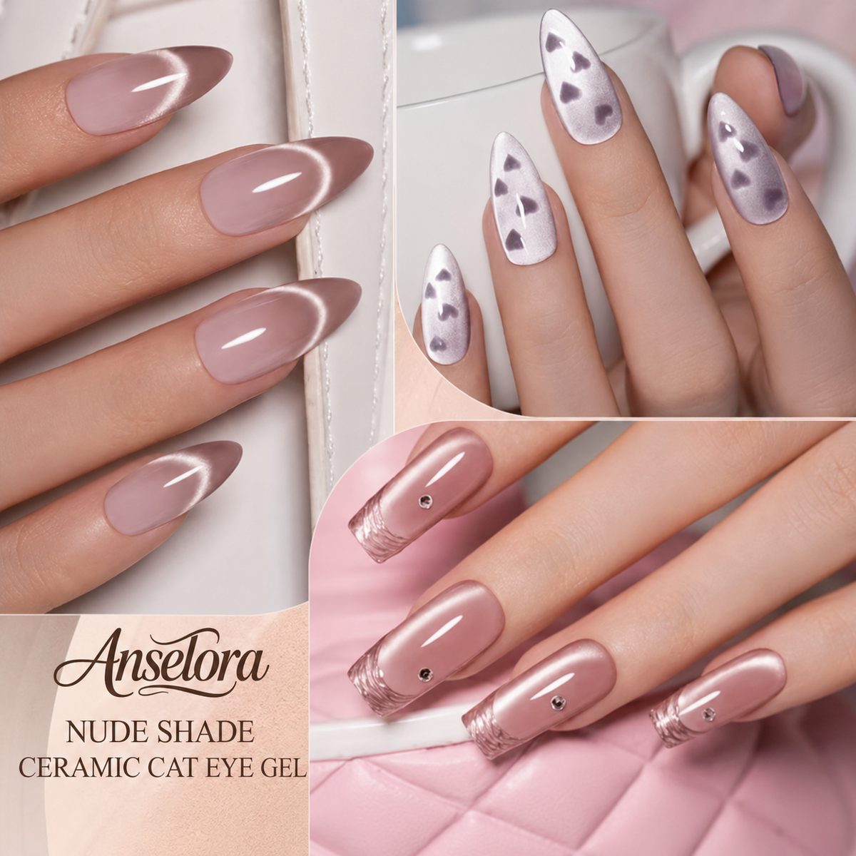 《Set 28》Anselora 6 Colors 10ml Nude Shade Ceramic Cat Eye Gel Polish Set, Neutral Nude Tone Silky Ceramic Magnetic Cat Eye Nail Gel with Multi Magnet Tools & Portable Handheld Nail Lamp, Soak Off UV LED Nail Art DIY Manicure Kit