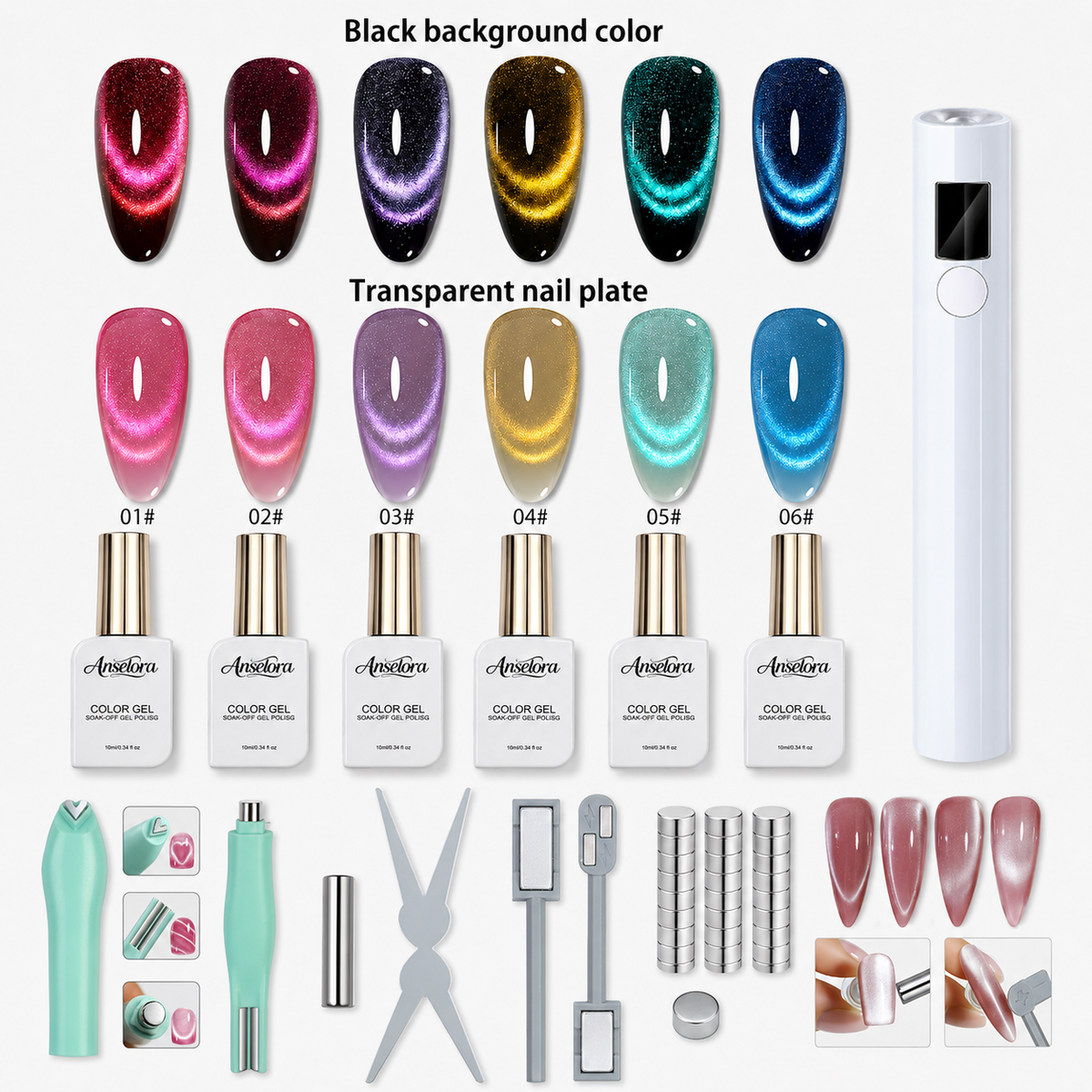 《Set 29》Anselora 6 Colors 10ml Double Effect Chameleon Cat Eye Gel Polish Set, Transparent & Black Base Dual-use Magnetic Cat Eye Nail Gel with Complete Magnet Tools & Portable Handheld Nail Lamp, Soak Off UV LED Nail Art DIY Manicure Kit