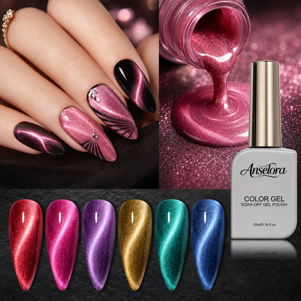 《Set 29》Anselora 6 Colors 10ml Double Effect Chameleon Cat Eye Gel Polish Set, Transparent & Black Base Dual-use Magnetic Cat Eye Nail Gel with Complete Magnet Tools & Portable Handheld Nail Lamp, Soak Off UV LED Nail Art DIY Manicure Kit