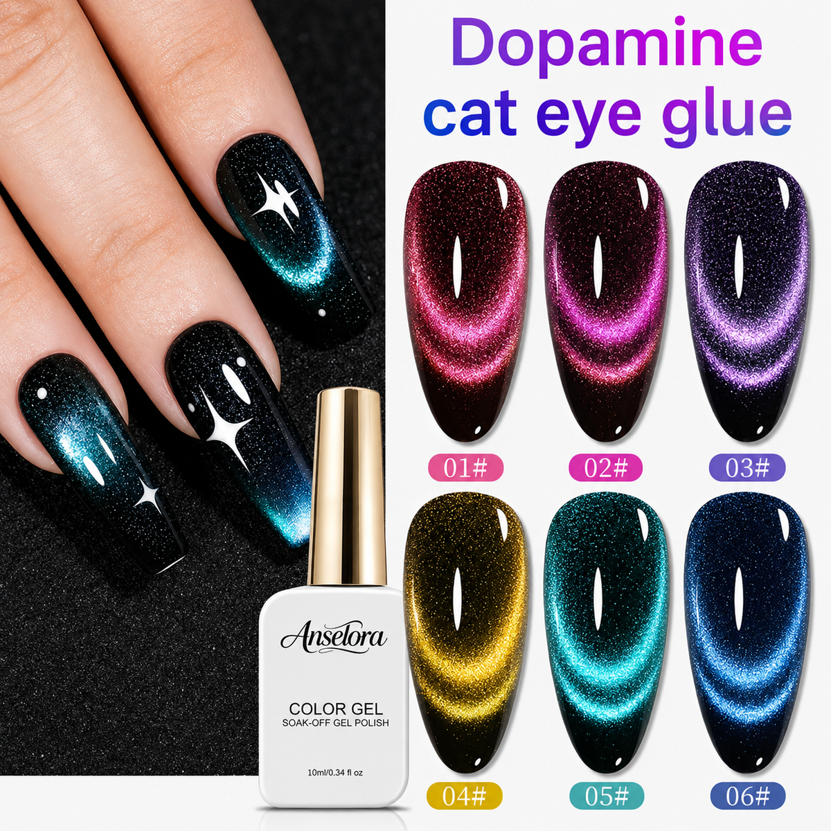 《Set 29》Anselora 6 Colors 10ml Double Effect Chameleon Cat Eye Gel Polish Set, Transparent & Black Base Dual-use Magnetic Cat Eye Nail Gel with Complete Magnet Tools & Portable Handheld Nail Lamp, Soak Off UV LED Nail Art DIY Manicure Kit