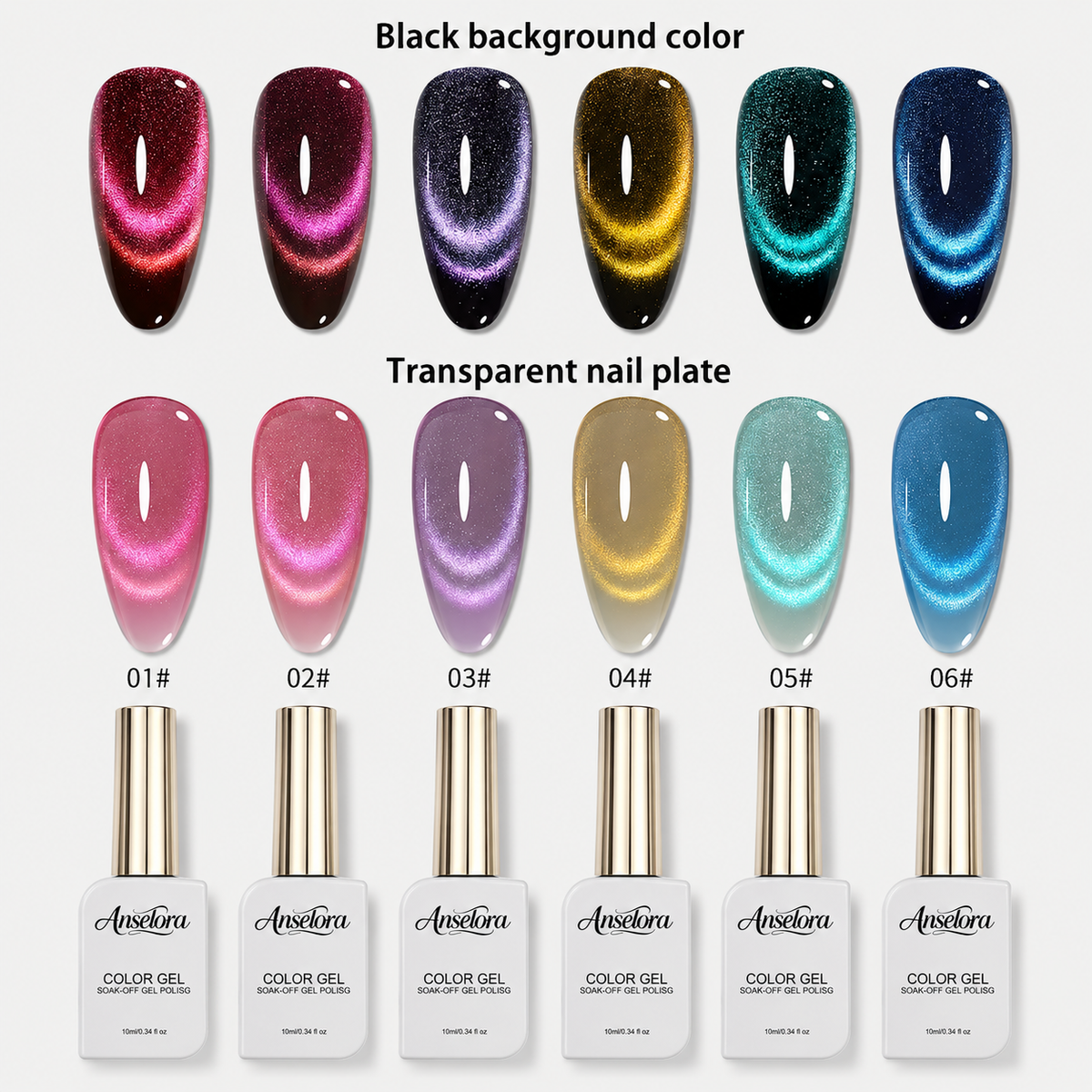 《Set 29》Anselora 6 Colors 10ml Double Effect Chameleon Cat Eye Gel Polish Set, Transparent & Black Base Dual-use Magnetic Cat Eye Nail Gel with Complete Magnet Tools & Portable Handheld Nail Lamp, Soak Off UV LED Nail Art DIY Manicure Kit