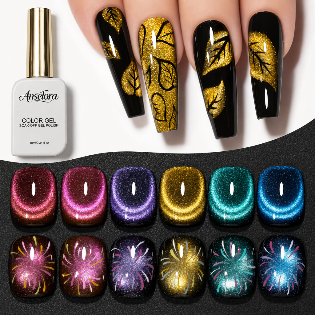 《Set 29》Anselora 6 Colors 10ml Double Effect Chameleon Cat Eye Gel Polish Set, Transparent & Black Base Dual-use Magnetic Cat Eye Nail Gel with Complete Magnet Tools & Portable Handheld Nail Lamp, Soak Off UV LED Nail Art DIY Manicure Kit
