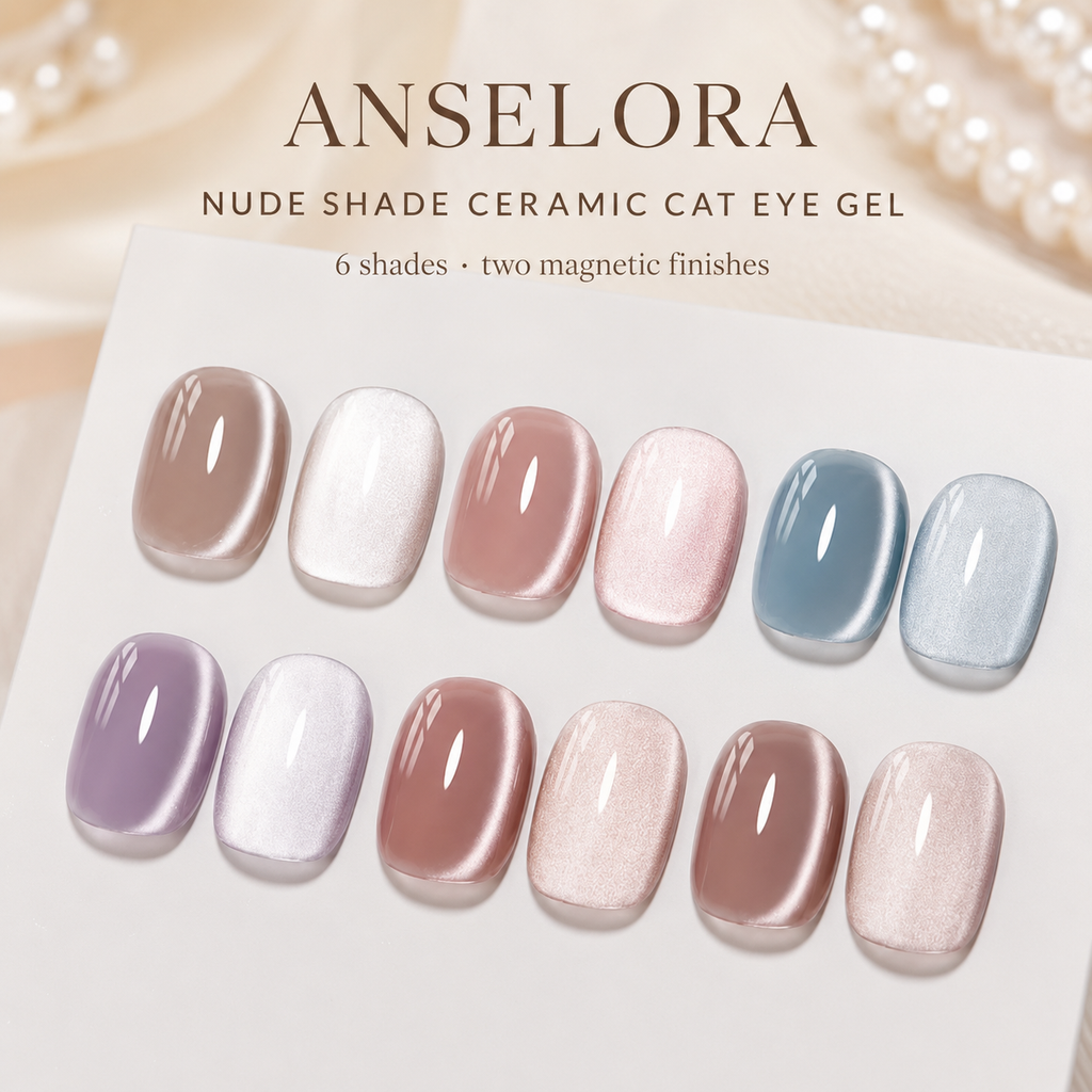 《Set 28》Anselora 6 Colors 10ml Nude Shade Ceramic Cat Eye Gel Polish Set, Neutral Nude Tone Silky Ceramic Magnetic Cat Eye Nail Gel with Multi Magnet Tools & Portable Handheld Nail Lamp, Soak Off UV LED Nail Art DIY Manicure Kit